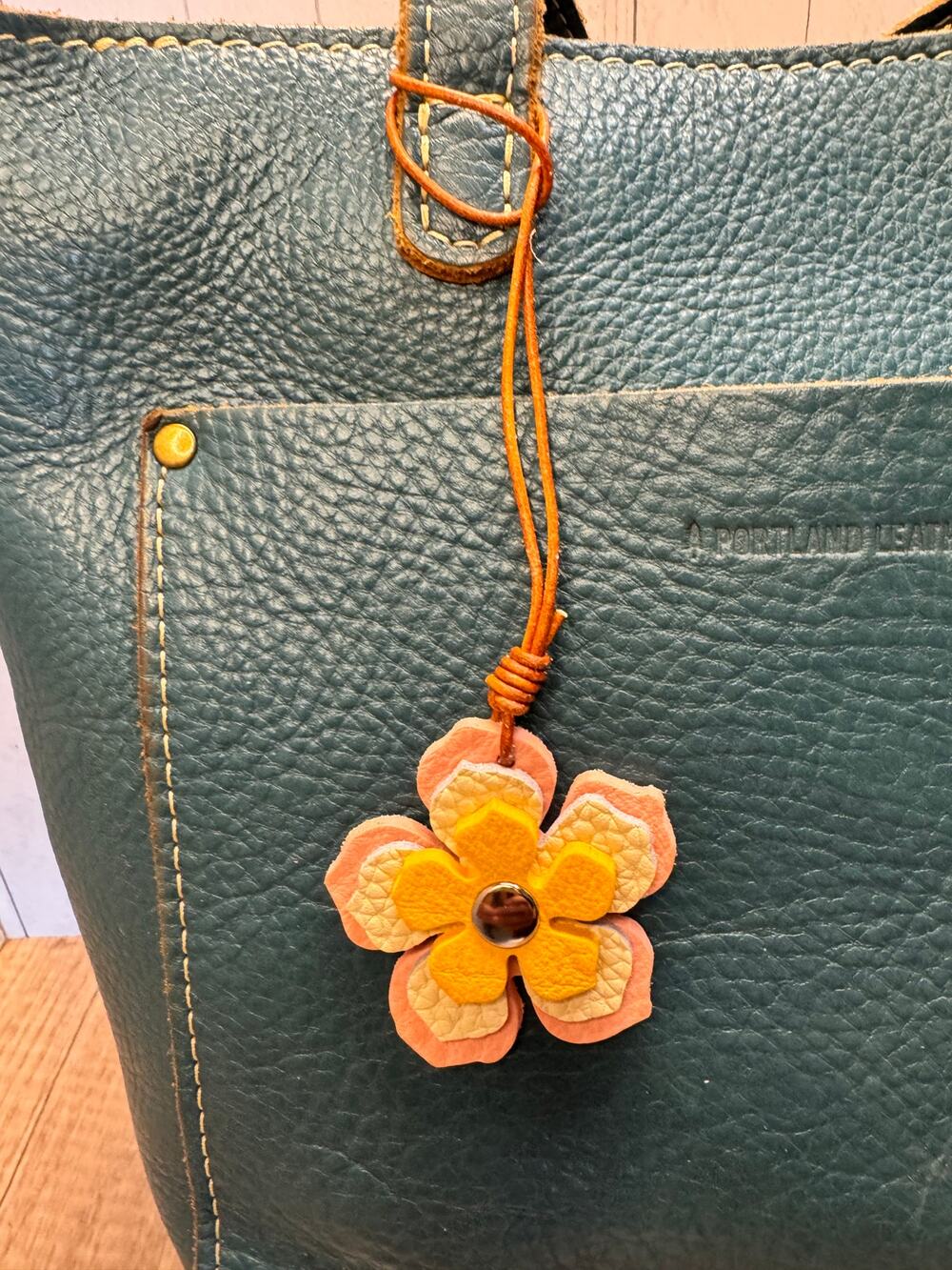 Leather Flower Bag Charm Yellow White Pink Flower Purse Charm Genuine Leather